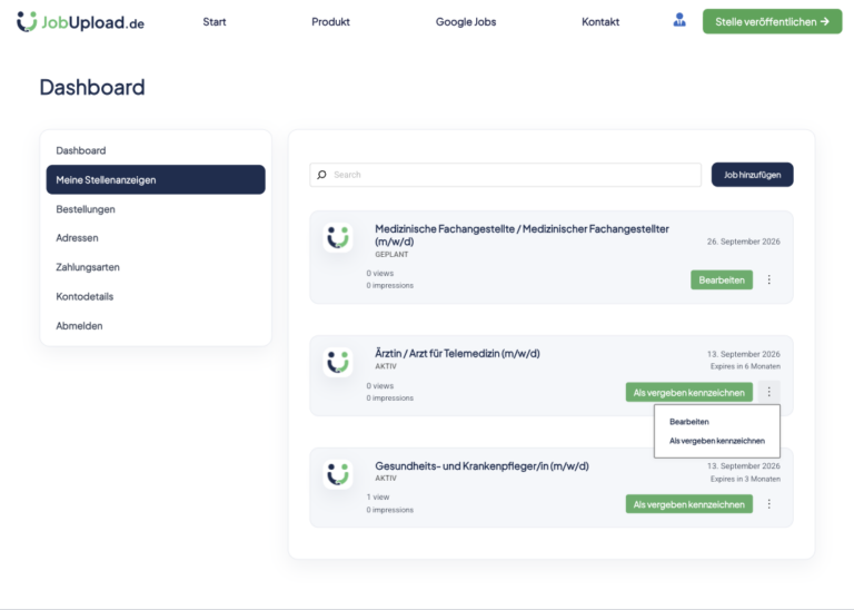 Dashboard von JobUpload.de mit eingeblendeten Optionen